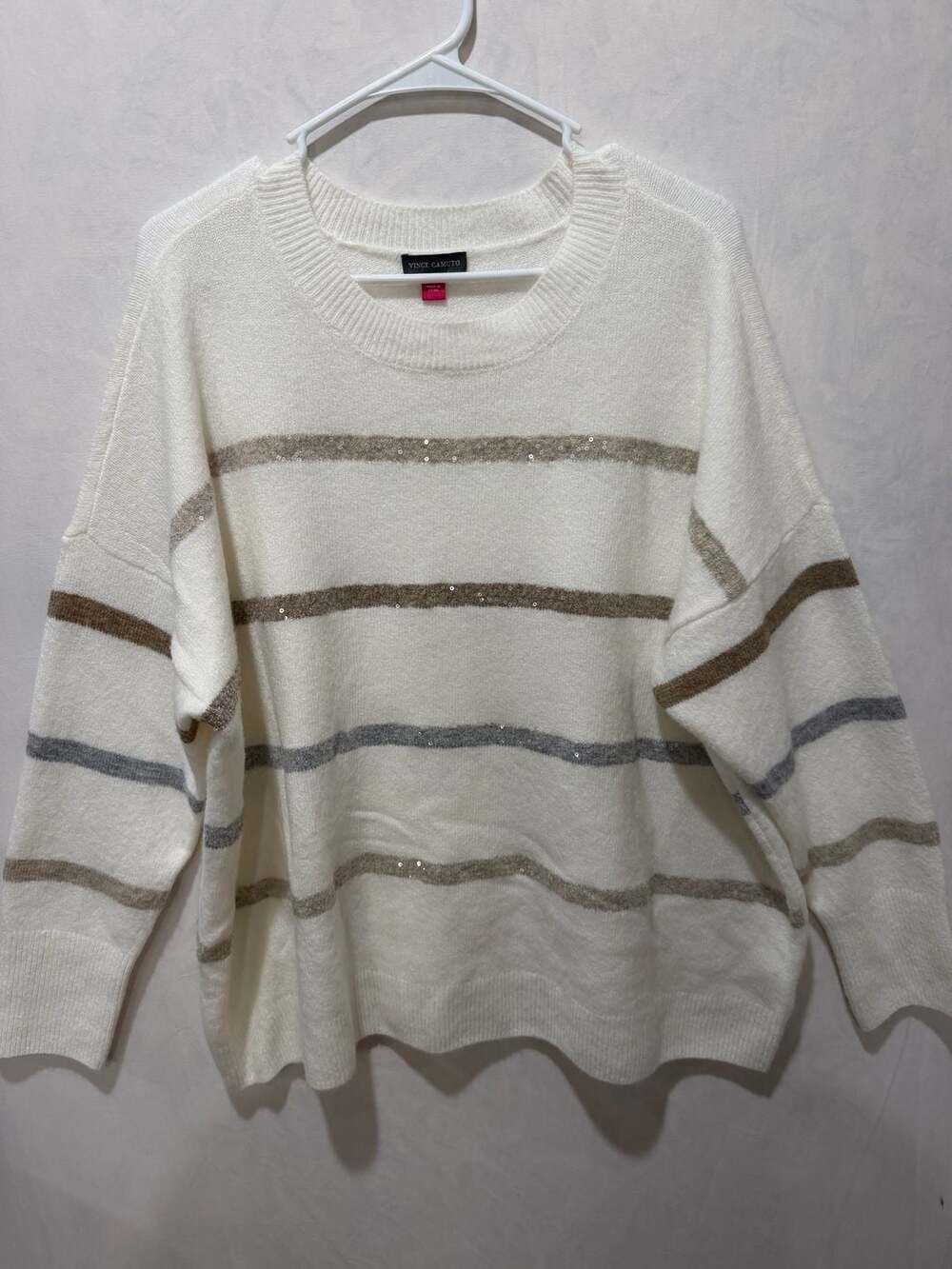 Vince Camuto Striped Metallic Sequin Sweater Ivory Size XL